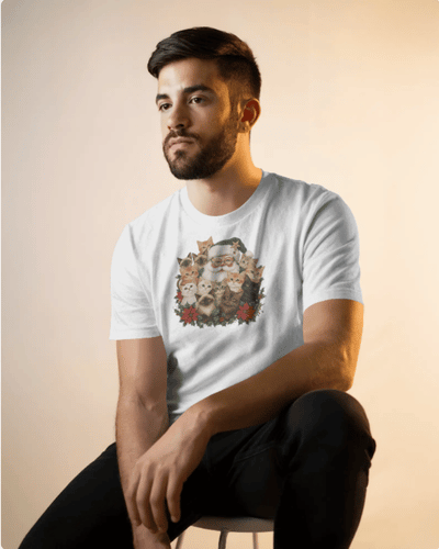 Christmas T-Shirt Men Santa's Kitty Pile Black 100% Cotton S-3XL