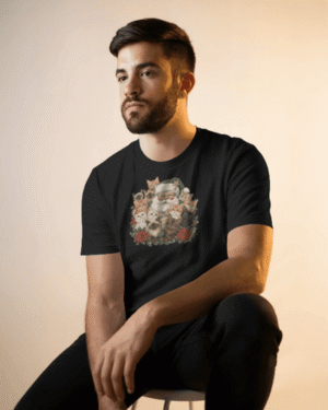 Christmas T-Shirt Men Santa's Kitty Pile Black 100% Cotton S-3XL