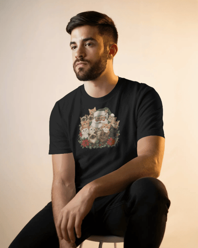 Christmas T-Shirt Men Santa's Kitty Pile Black 100% Cotton S-3XL