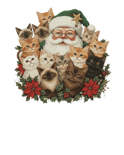 Christmas T-Shirt Men Santa's Kitty Pile Black 100% Cotton S-3XL