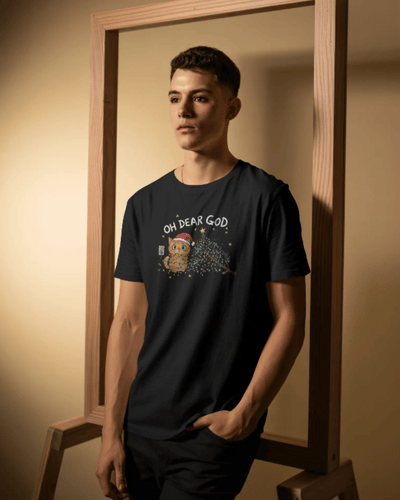 Christmas T-Shirt Men Oh Dear God! Cat Black 100% Cotton S-3XL