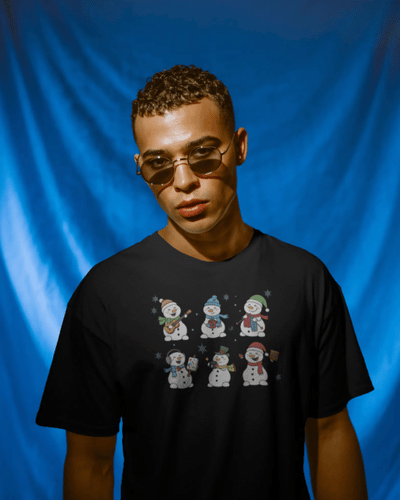 Christmas T-Shirt Men Six Happy Snowmen Black 100% Cotton S-3XL