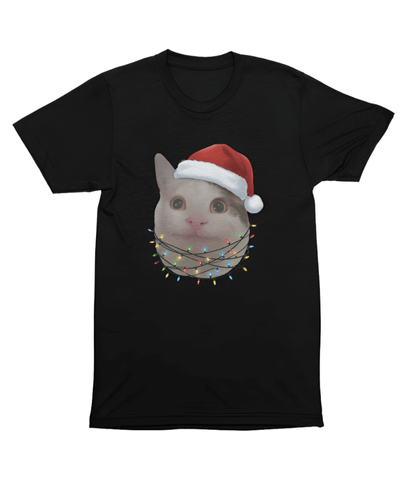 Surprised Cat Christmas Lights T-Shirt – Festive Feline Humor Graphic Tee Christmas T-Shirt Men Funny Surprised Cat Black 100% Cotton S-3XL