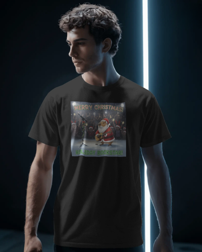 Christmas T-Shirt Men Capybara Holiday Rockstar Black 100% Cotton S-3XL