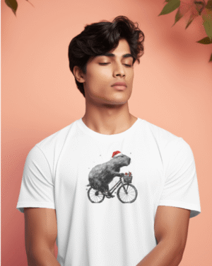 Christmas T-Shirt Men Capybara Biker White 100% Cotton S-3XL