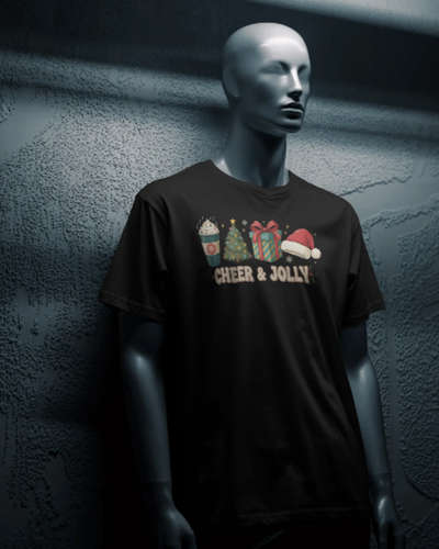 Christmas T-Shirt Men CHEER & JOLLY Christmas Elements Black 100% Cotton S-3XL