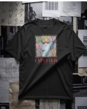 Christmas T-Shirt Men Capybara in Santa Hats Graphic Black 100% Cotton S-3XL