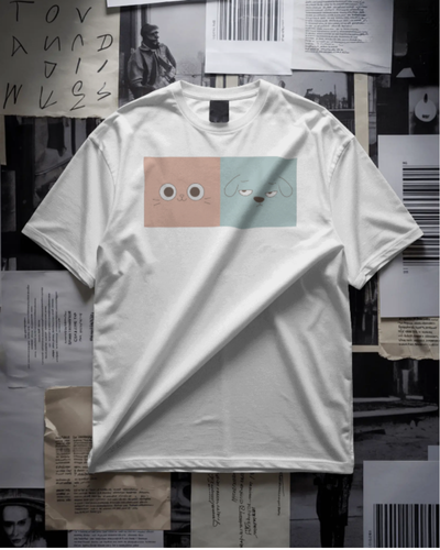 T-Shirt Men Cute Cat and Dog Face Contrast White 100% Cotton S-3XL