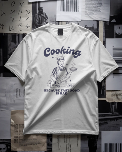 T-Shirt Men Cooking Girl Fast Food Is Bad White 100% Cotton S-3XL