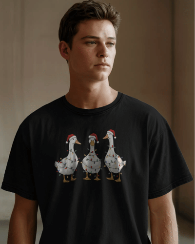 Christmas T-Shirt Men Three Geese Tangled Black 100%Cotton S-3XL